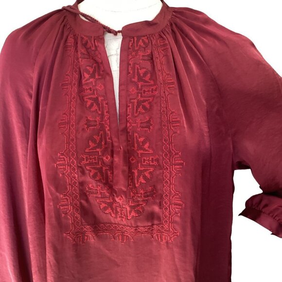 Lucky Brand Embroidered Tassel Tie Neck BOHO Peasant Top L Burgundy Red #224i - Picture 6 of 11